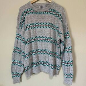 Cape Isle Knitters Womens XL Geometric Pattern Crew Neck Sweater Gray Cotton USA
